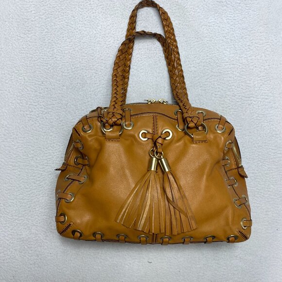 VINTAGE Michael Kors ASTOR BRAID Handbag Camel Leather Grommet Satchel Y2K - Picture 2 of 15